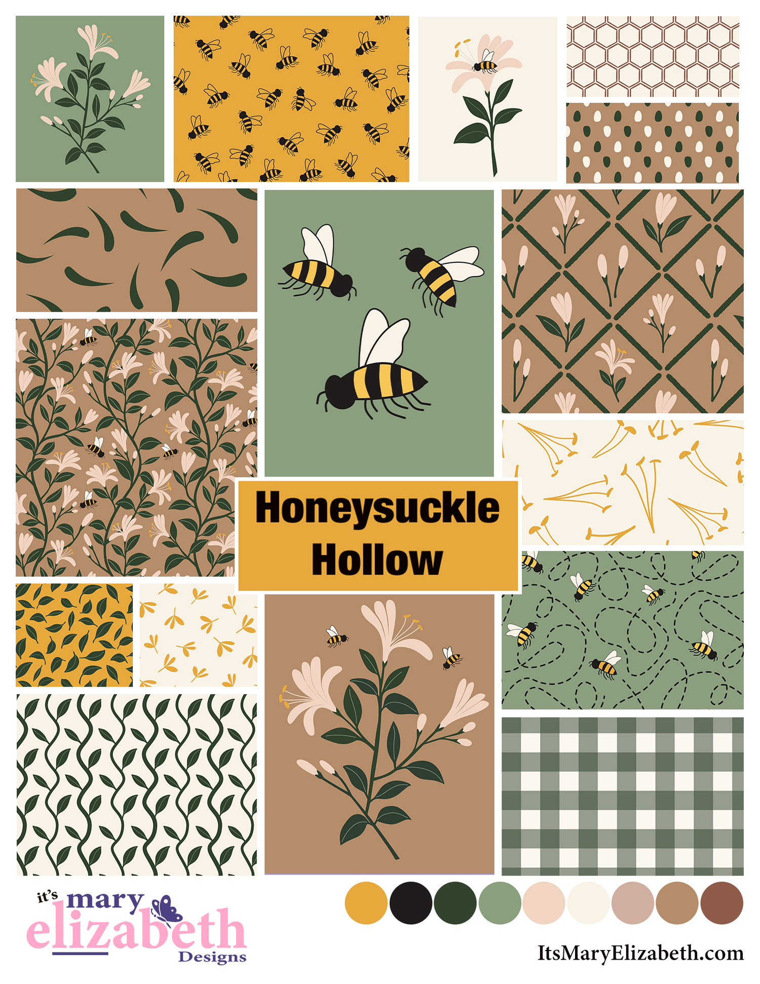 Collage of floral and bee patterns with 'Honeysuckle Hollow' text and Mary Elizabeth Designs branding.
