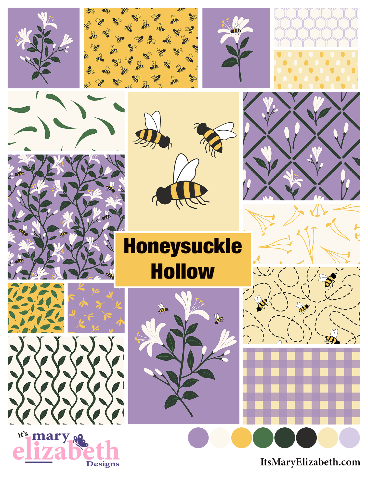 Collage of floral and bee patterns with 'Honeysuckle Hollow' text and Mary Elizabeth Designs logo.